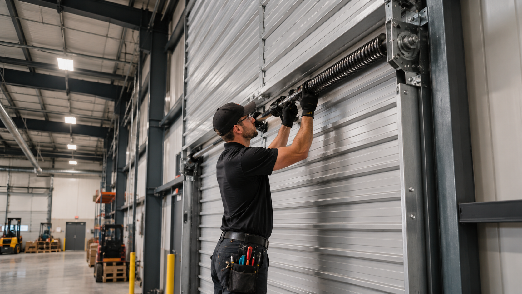 Commercial garage door service image with polished hardware and clean staging