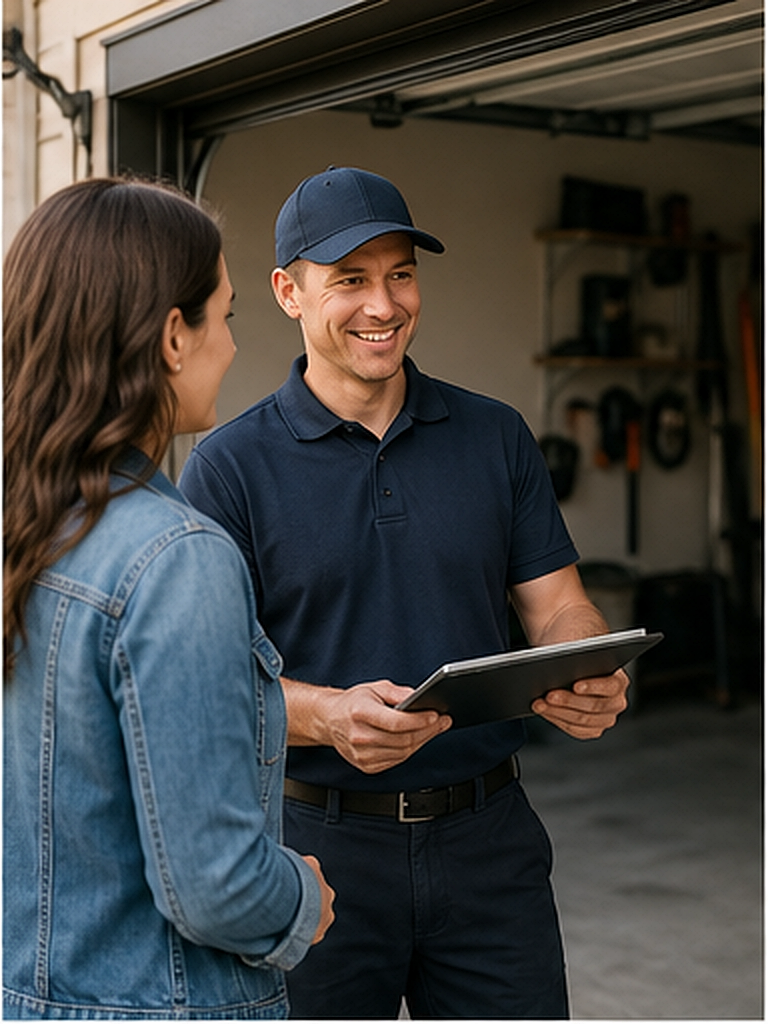 Technician and homeowner reviewing garage door repair options