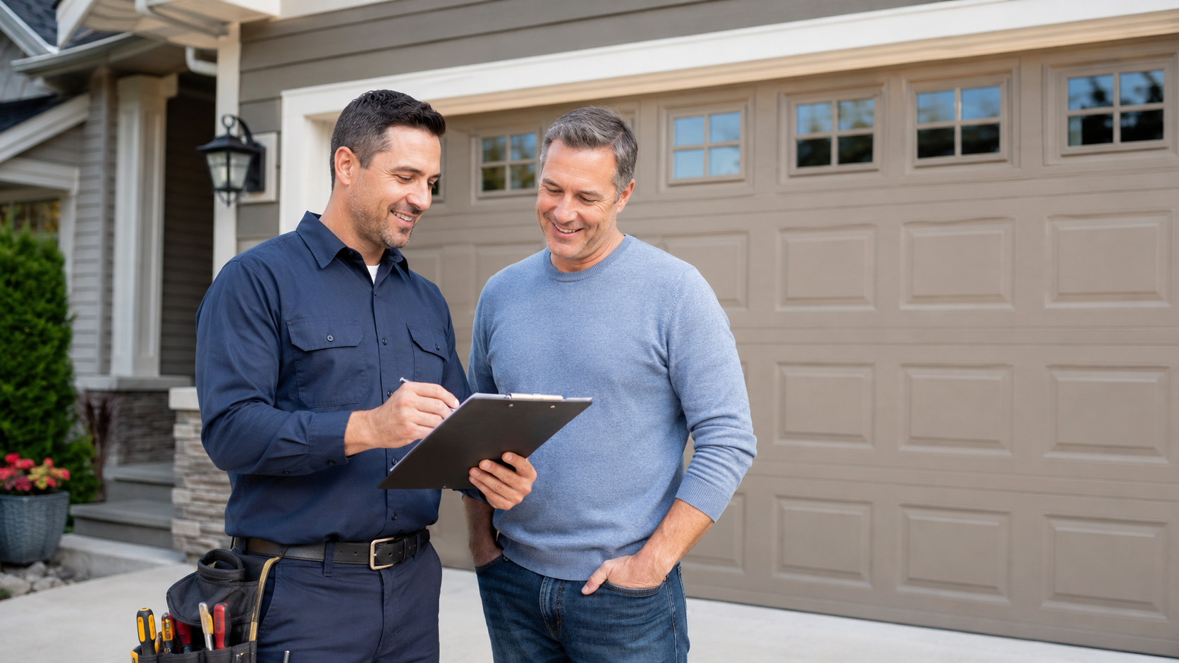 Technician consulting with a homeowner before a garage door repair
