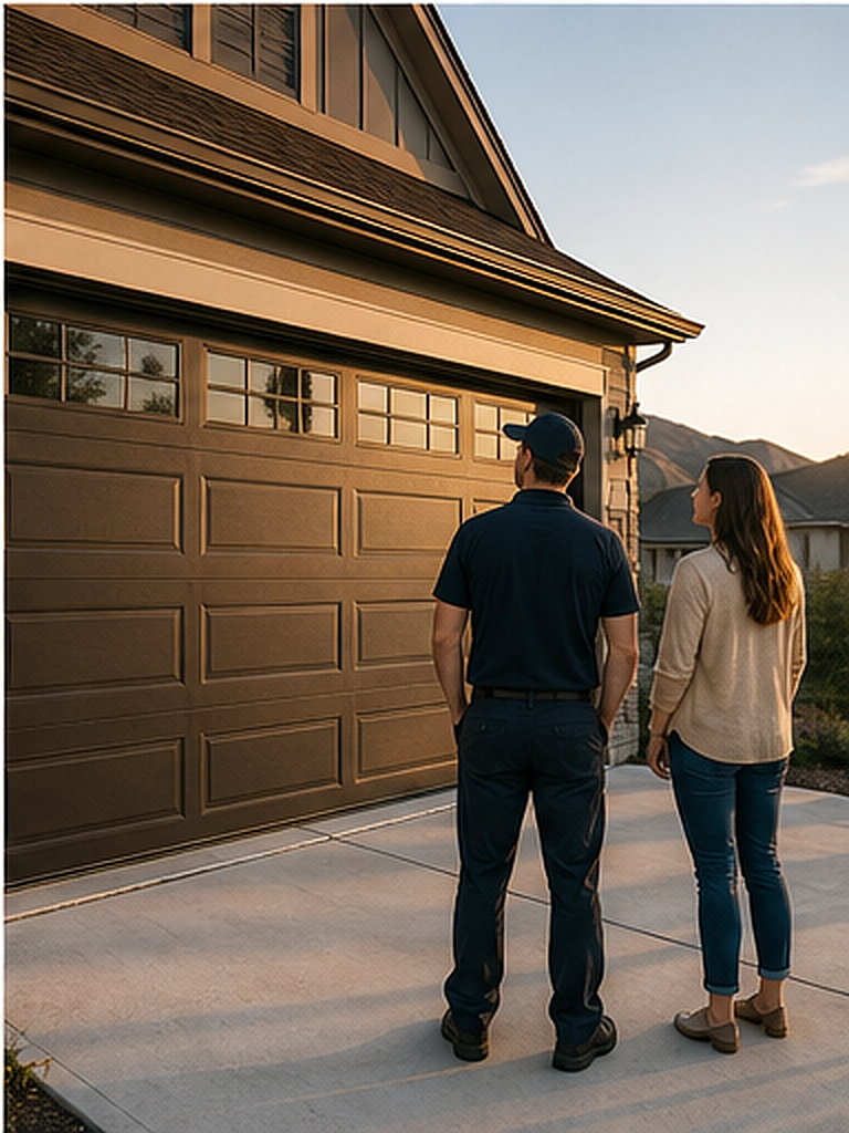 Estimate discussion beside a residential garage door