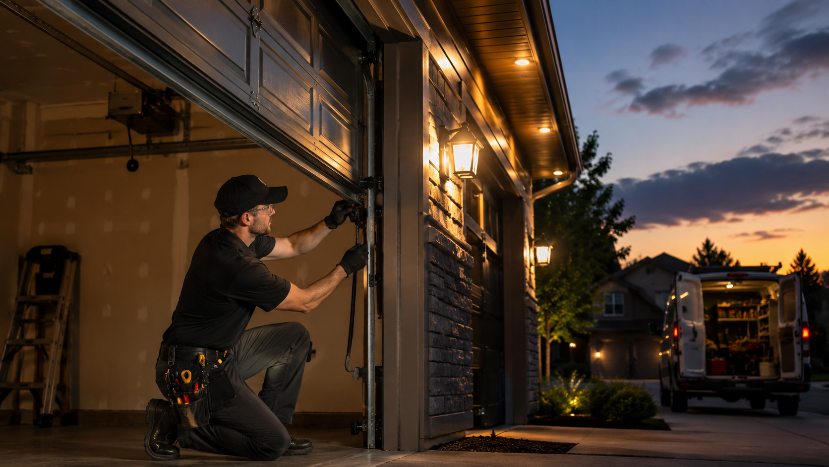 Evening garage door service call showing urgent local response