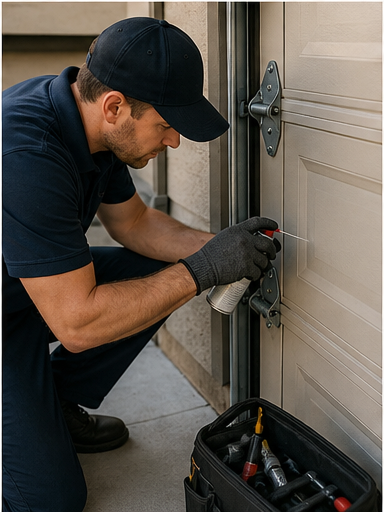 Garage door technician checking hardware and maintenance points