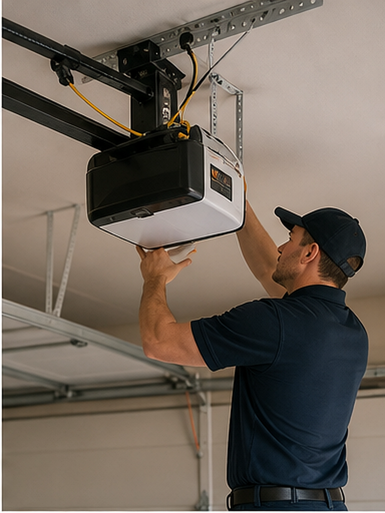 Technician repairing a garage door opener mechanism