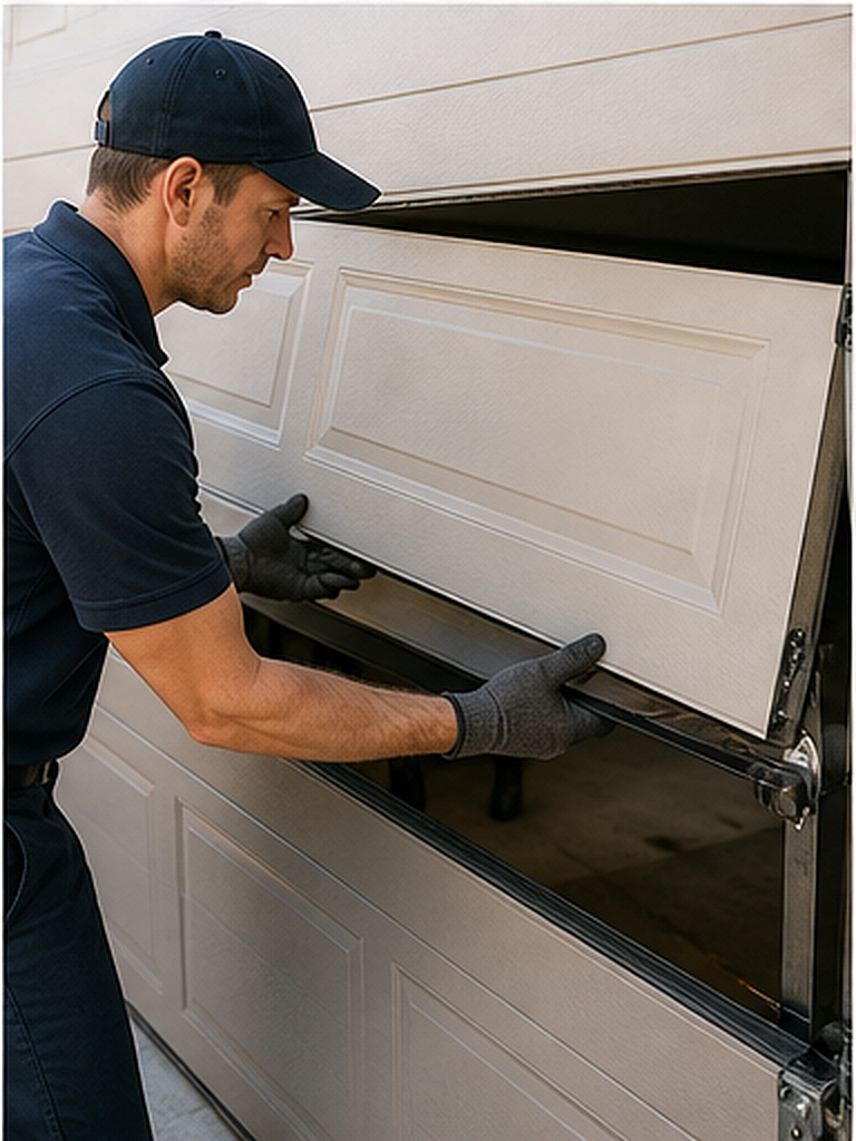 Technician repairing a damaged garage door panel section