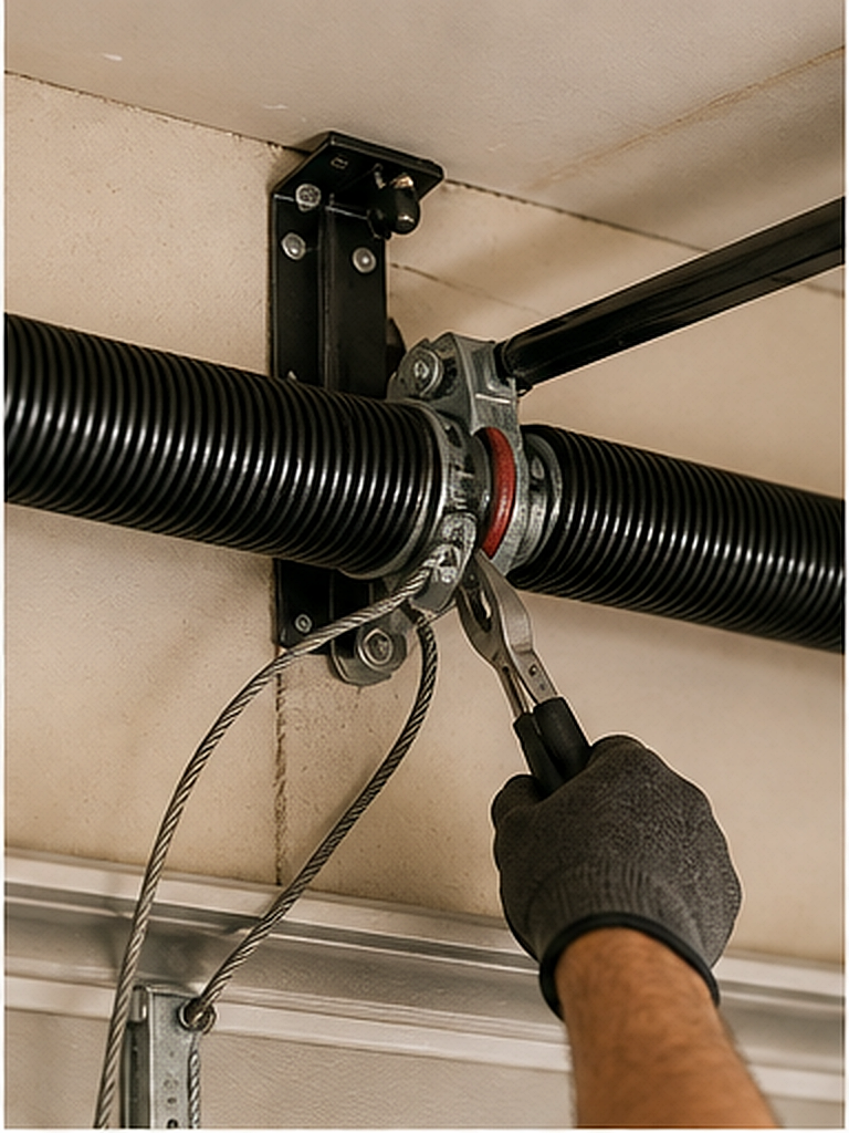 Close-up of garage door spring and cable repair work