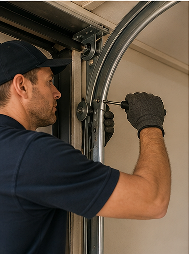 Close-up view of garage door track and roller service